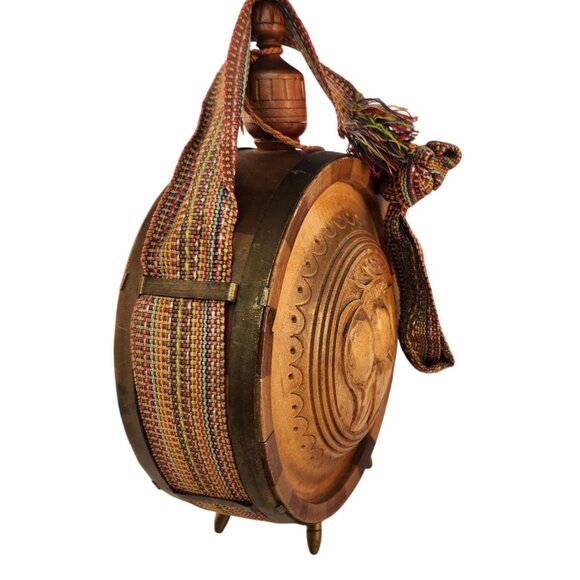 Handcrafted Wooden Water Canteen Decanter Flask Brass Feet Folk Art Barware Deco - Picture 6 of 12